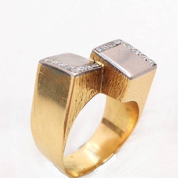 18ct Gold & Diamond Double Cube Brutalist Mid Century Ring