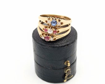 Antique Triple Ring with Ruby Sapphire & Diamond in 18ct