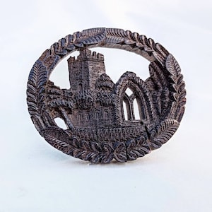 XL Antique Irish Bog Oak Hand Carved Muckross Abbey Brooch