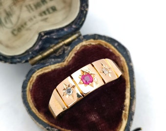 Antique 15ct Gold Ruby & Diamond Strap Ring