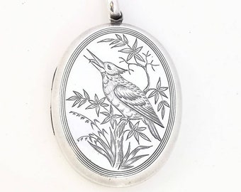 Victorian Silver Locket with Kingfisher & Fish