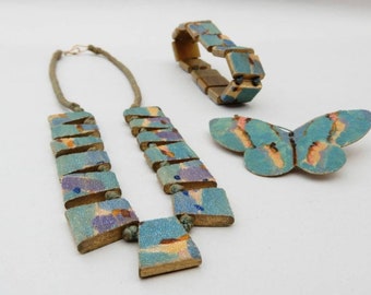 Art Deco Barlotti Bead 3pc Set Butterfly Brooch, Necklace & Bracelet
