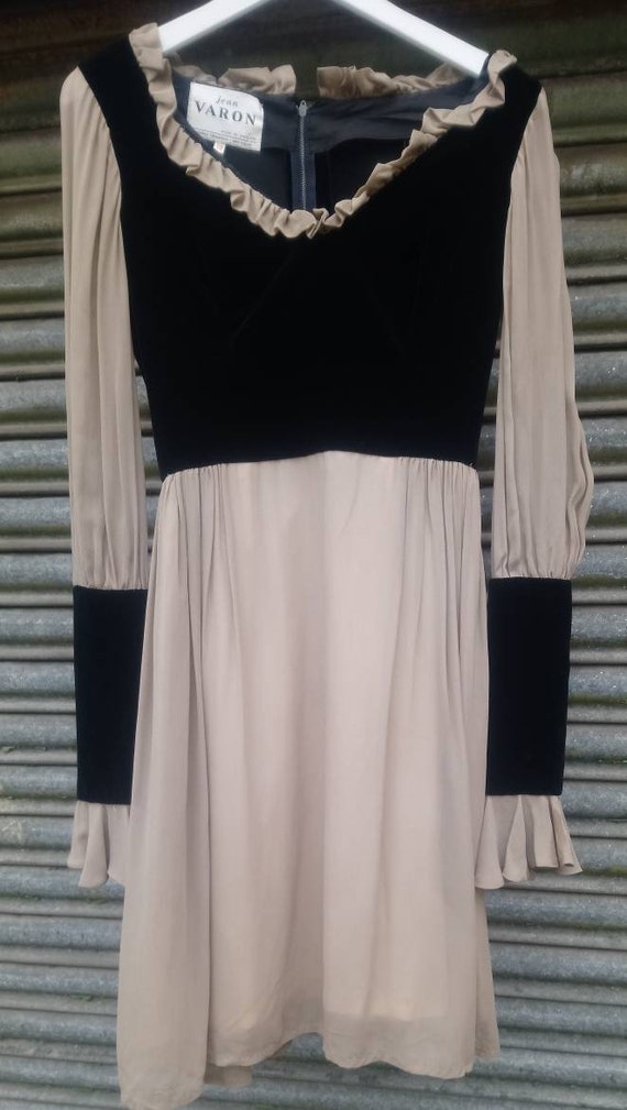 1970s Jean Varon Nude Chiffon & Black Velvet Dress