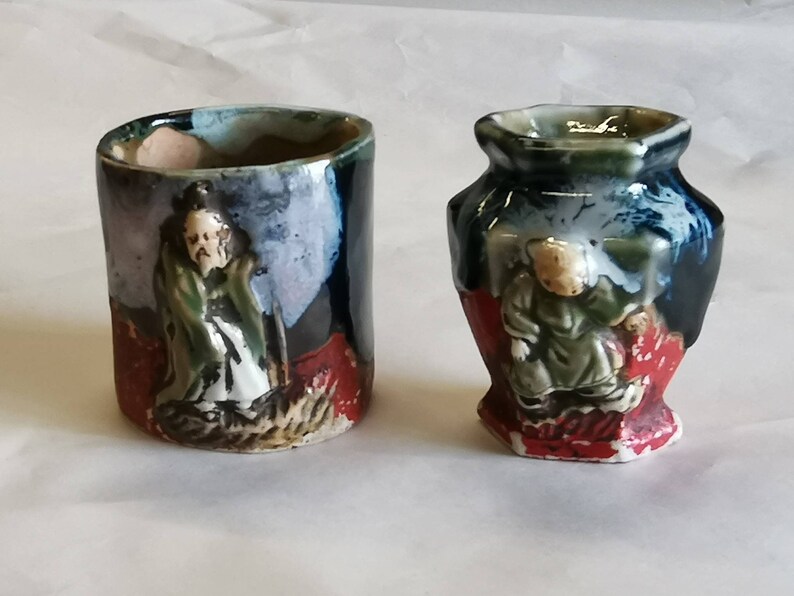 Sumida Gawa Pottery Small Vases x2 with Figures Etsy