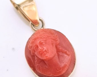 Antique Red Coral Cameo Pendant in 9ct Gold Mount