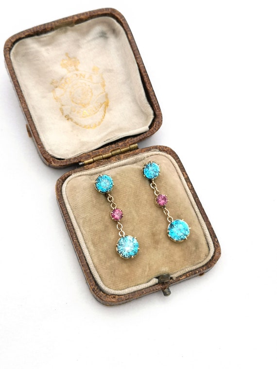 Antique Blue Zircon & Ruby Gold Drop Earrings