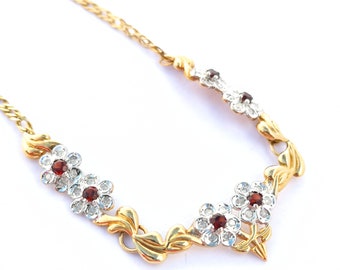 Vintage 9ct Gold Diamond & Garnet Flower Necklace