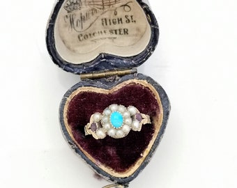 Georgian Gold Turquoise & Pearl Cluster Ring with Flat Cut Garnets