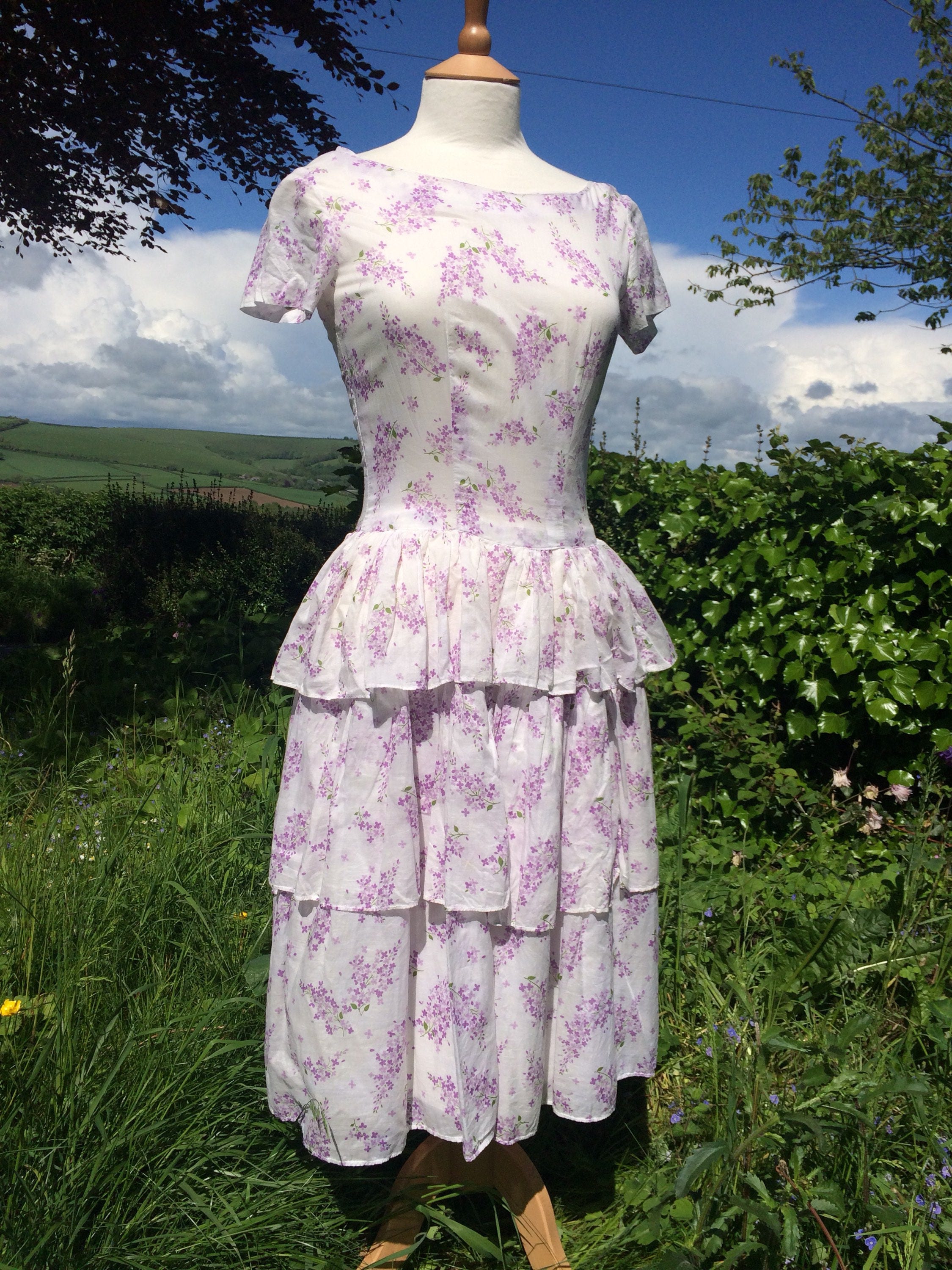 Image of S Cotton Muslin Lilac Print Tiered Skirt Dress