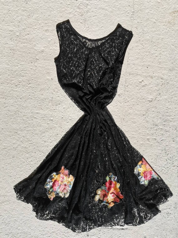 1930s Black Lace Panel Cut Evening Dress With Appl