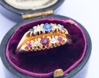 Victorian Double Stacked Ring with Ruby Sapphire & Diamond in 18ct Gold