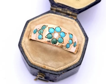 Victorian 15ct Gold & Turquoise Cigar Band Forget Me Not Ring with Diamond