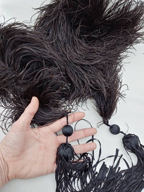 Antique Black Ostrich Feather Boa with Ribbon Tass