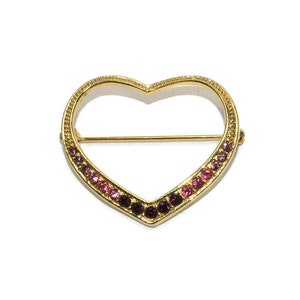 Vintage Gold Tone Heart Brooch with Pink and Purple Rhinestones.