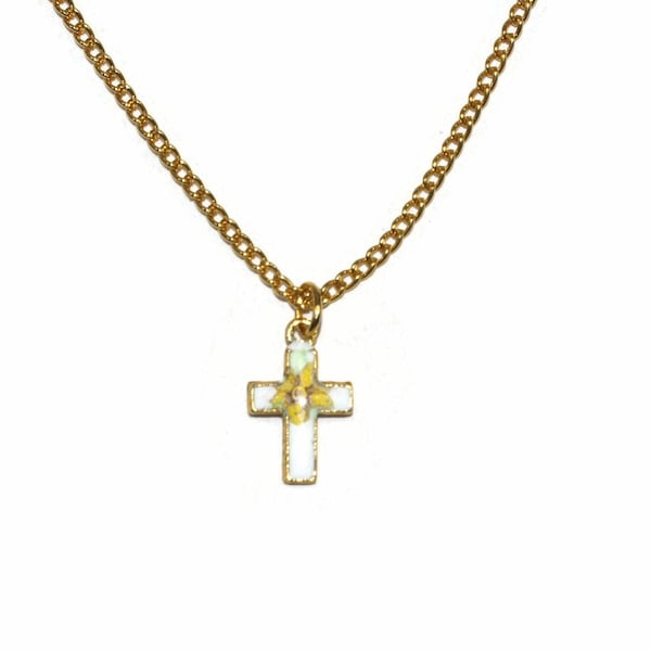 Small Vintage Gold Tone Enameled Floral Cross Pendant on 16 Inch Chain with Spring Ring Clasp.