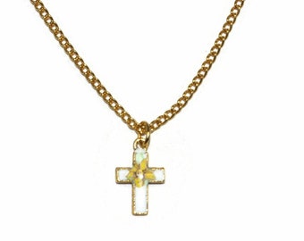 Small Vintage Gold Tone Enameled Floral Cross Pendant on 16 Inch Chain with Spring Ring Clasp.