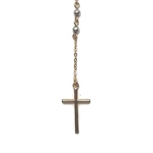 Vintage Charming Charlie Gold Tone Cross, Silver Tone Beads & Clear Rhinestones 25 Inch Y Necklace with Gold Tone Charming Charlie Hallmark.