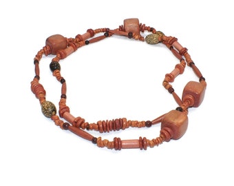 Vintage Handmade 42 Inch Brown and Red Wooden Beaded Necklace.