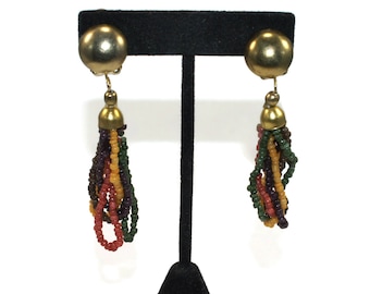 Vintage Gold Tone with Red, Yellow and Brown Beads Dangle Clip on Earrings.