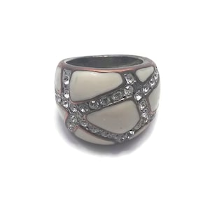 Vintage Gold Tone White Enamel and Rhinestones Woman&#39;s Statement Ring. Size 6 1/2.