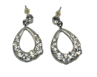 Vintage Silver Tone and Rhinestone Teardrop Dangle Earrings with Post Backs for Pierced Ears.