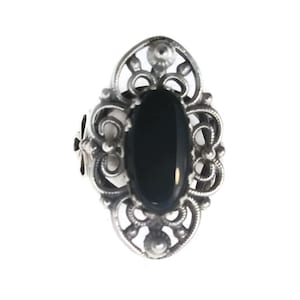 Vintage Sterling Silver and Black Onyx Statement Ring with Cutout, Scrolling Design. Hallmarked STERLING.