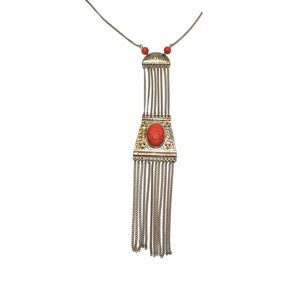 Vintage Gold Tone, Dyed Red Howlite and Rhinestone Fringed Pendant on 24 Inch Necklace with Lobster Claw Clasp.
