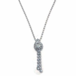 Vintage Mid Century Silver Tone and Light Blue Glass 19 Inch Pendant Necklace with Hook Clasp.
