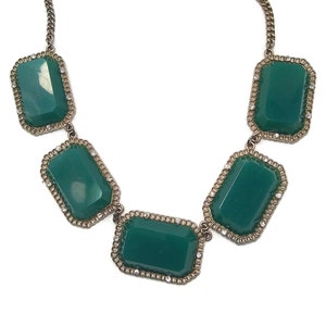 Vintage Gold Tone and Green Plastic with Clear Rhinestone Accents Chunky Link Necklace.