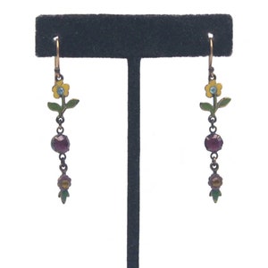 Vintage Antiqued Gold Tone, Yellow, Purple, Green Enamel and Purple, Orange and Blue Rhinestones Floral Dangle Earrings for Pierced Ears.