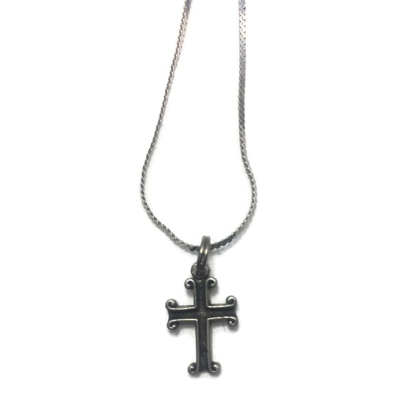 Vintage Sterling Silver Enameled Cross Pendant on 24 Inch Serpentine Chain. Maker Hallmark and STER. on Cross, 925 ITALY on Chain.