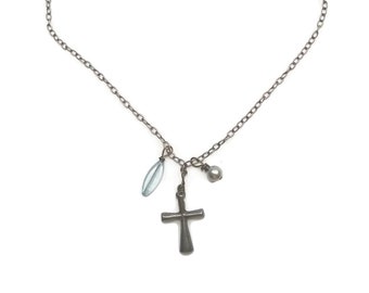 Vintage Pewter Cross on 18 Inch Silver Tone Chain Necklace with Faux Pearl and Plastic Bead Accents. Unusual Heart Toggle Clasp.