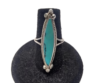Vintage Native American Southwestern Style Sterling Silver and Long Turquoise Ring. Size 6 3/4.