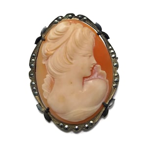 Antique Carved Shell Cameo Brooch Pendant, 800 Silver Carved Shell Cameo with Marcasite Accents, Marked 800, Victorian Style Genuine Cameo.