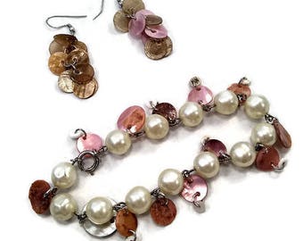 Charm Bracelet and Dangle Earrings Jewelry Set. Mother of Pearl, Shells and Faux Pearls. Handmade, One of a Kind Jewelry Set.