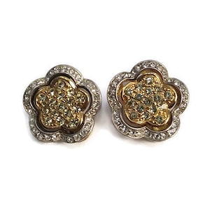 Two Tone, Gold Tone and Silver Tone, and Yellow and Clear Rhinestones Flower Clip on Back Earrings. Flower Earrings. Floral Motif.