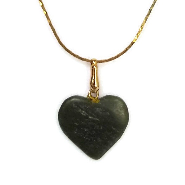 Vintage Carved Jade Heart Pendant.  The chain is an Adjustable Slide Gold Tone Double Chain. Green, Jade, Heart, Love, Gold Tone, Statement.