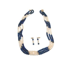 Vintage 3 Strand 6 mm Cultured Pearl, Lapis Lazuli and 14K gold Beaded Necklace and Matching Dangle Earrings.  Marked 14K6.