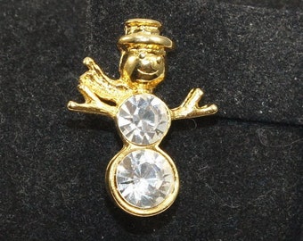 Vintage Gold Tone and Rhinestones Snowman Pin Brooch Lapel Pin.