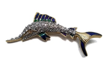 Vintage 1960/'s PELL Rhinestone Fish Brooch Saw Swordfish Fish Enamel Gold Tone Jewelry Brooch Pin Minimalist Modernist Graceful sa286