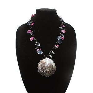 Handmade Vintage Abalone and Black Glass Beaded 24 Inch Necklace with Large Carved Flower Pendant. Button Clasp.