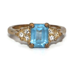 Vintage Gold Tone, Blue Crystal and Clear Rhinestones Size 7 Ring.