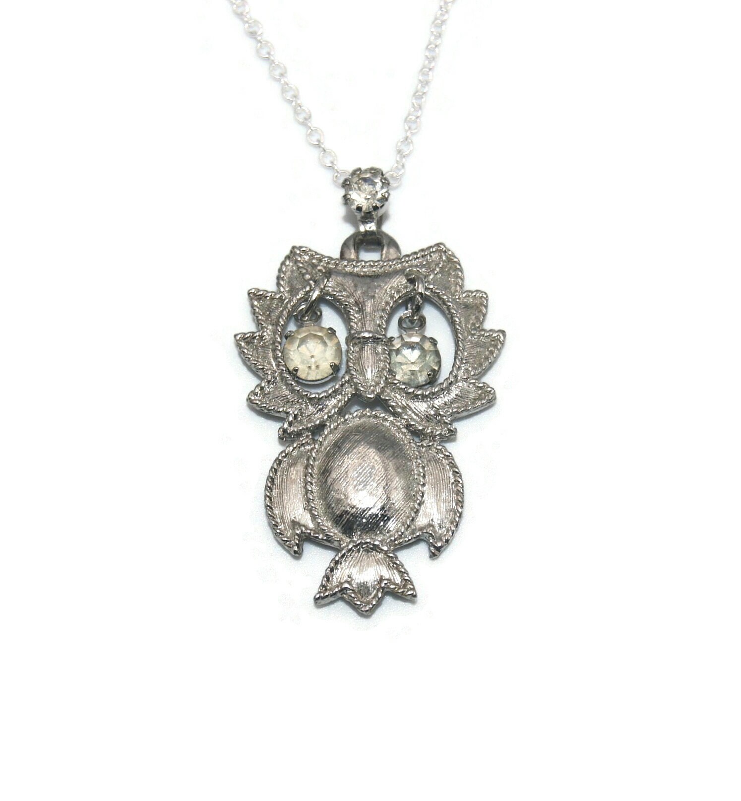 Vintage Silver Tone and Clear Rhinestones Owl Pendant on 18 Inch Sterling Silver Plated Chain with L