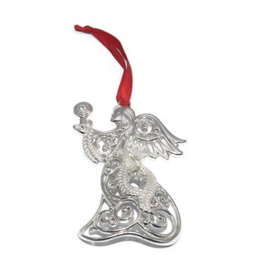 Vintage Lenox Silver Tone Angel Christmas Ornament on Red Ribbon. Lenox Hallmark.