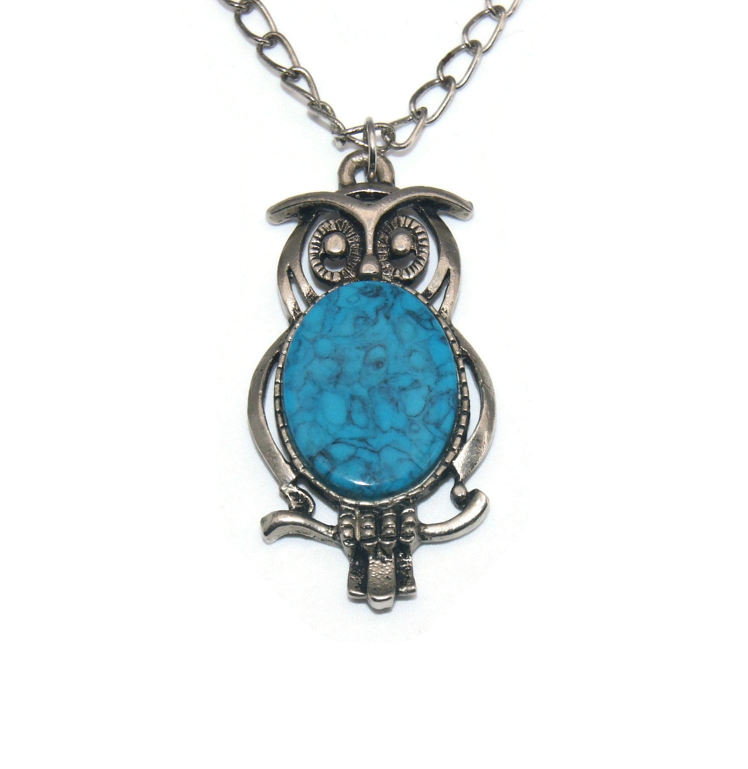 Vintage Fuller Silver Tone and Faux Turquoise Owl Pendant on 30 Silver Tone Chain. "F" in 