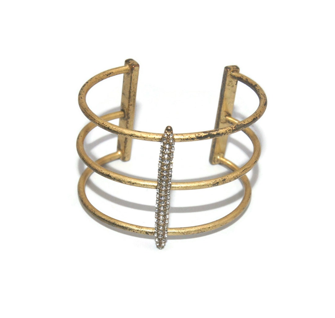 Vintage J. Crew Gold Tone and Clear Rhinestones 6 1/2 Inch Open Cuff