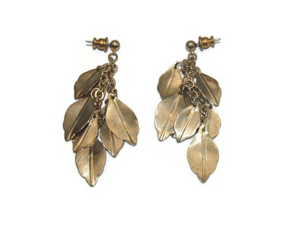 Vintage Marvella Gold Tone Leaf Dangle Earrings With Post Backs