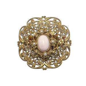 Vintage Gold Tone Filigree Pink Faux Pearl Cabochon and White Faux Pearls Pin, Brooch.