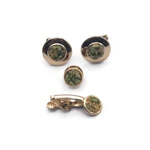 Jade Men's Jewelry, Vintage Gold Tone and Cluster Chips of Jade Jewelry Set, Cuff Links, Tie Tack, Tie Clip. Four Piece Set, Gift for Him.