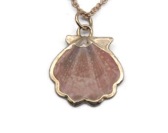 Small Genuine Seashell Pendant, Vintage Gilded Shell on 18" Gold Tone Chain, Boho Style Necklace, Sea Shell & Gold Accents, Daily Wear.